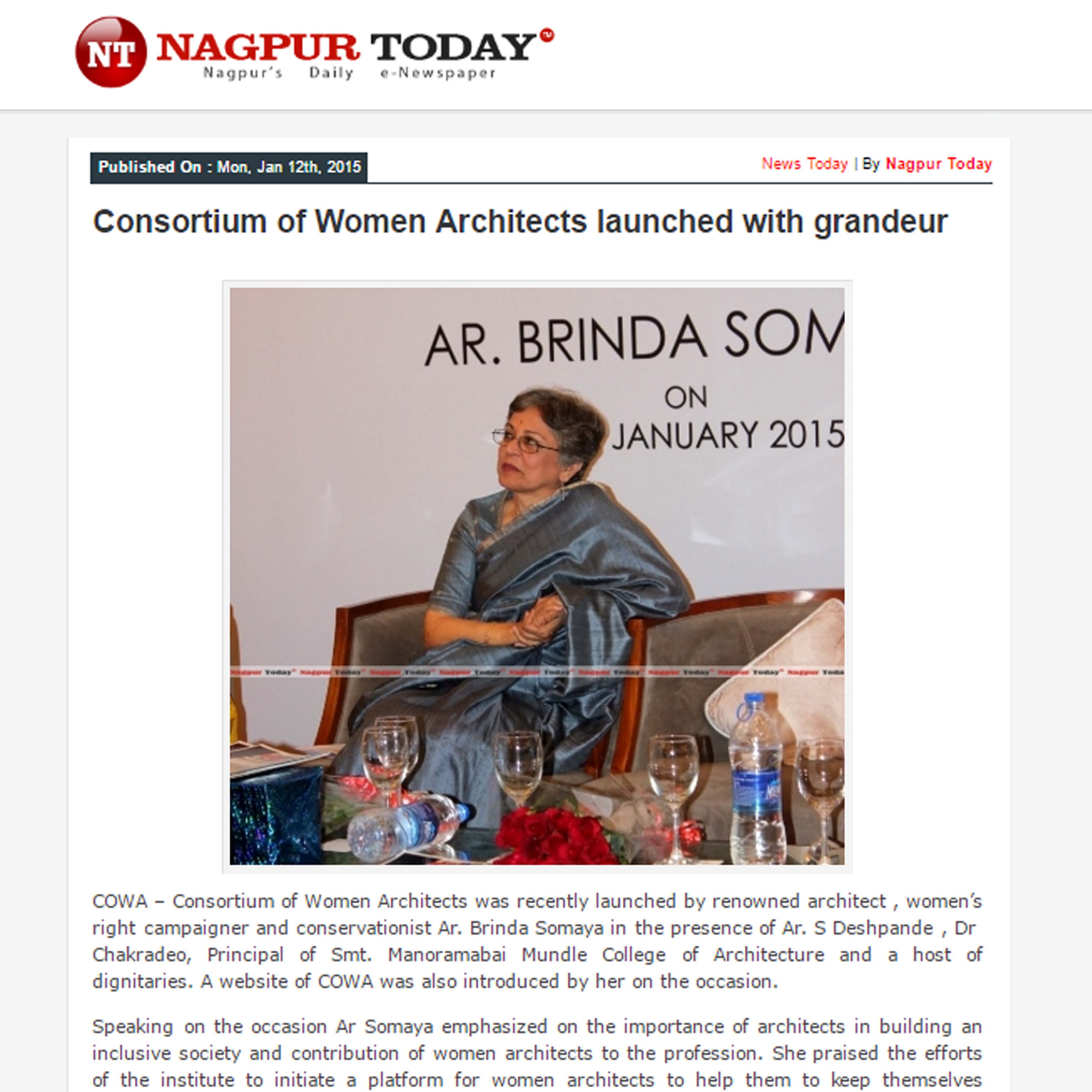 Consortium of Women Architects launched with grandeur, Nagpur Today, 12th January 2015